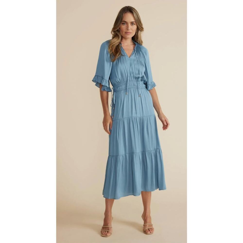 Mink Pink Women Ines Midi Dress French Blue Size X-Small Layered Preppy